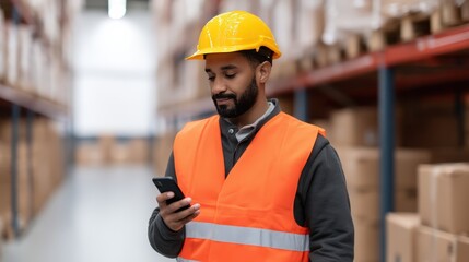 A worker in a safety vest and helmet checks his phone in a warehouse, surrounded by shelves stacked with boxes.