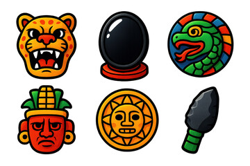 Mesoamerican Symbol Icons. 3D icon set of Mesoamerican sacred symbols: jaguar warrior mask, obsidian mirror, feathered serpent