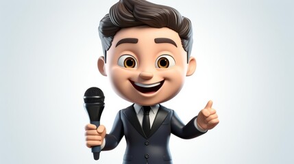 A cheerful cartoon character with a microphone, ready to entertain and engage the audience with confidence.