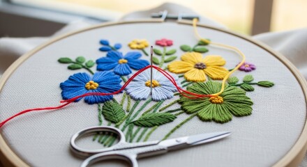 Hand embroidery floral pattern in progress with colorful threads