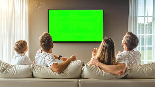 Family Watching TV Together on Sofa with Green Screen 