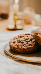 A plate of cookies sits on a table with a candle in the background
