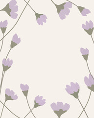 Naklejka premium Elegant frame of spring violet flowers with soft purple petals and green stems on a light background. Minimalist botanical vector template for greeting cards, invitations, and spring design projects.