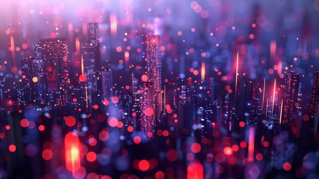 A futuristic cityscape with quantum particles flowing through the skyline representing the potential for advanced computing to enhance the security and scalability of blockchain networks.