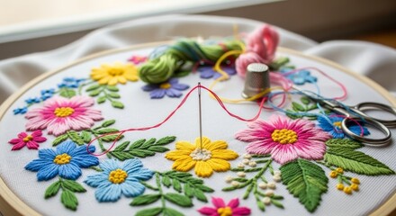 Hand embroidery floral pattern in progress with colorful threads