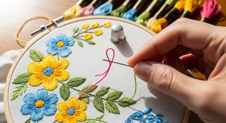 Hand embroidery floral pattern in progress with colorful threads