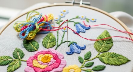 Hand embroidery floral pattern in progress with colorful threads