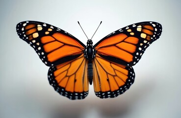 Fototapeta premium Orange monarch butterfly with black and white spots flies mid-air. Insect wings spread wide showing delicate patterns. Creature isolated on clean white background, perfect for nature themes.