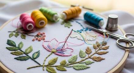 Hand embroidery floral pattern in progress with colorful threads