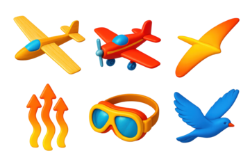Vintage Glider Icons. 3D icon set of vintage glider: wooden aircraft, tow plane, soaring wing, thermal current, pilot goggles,