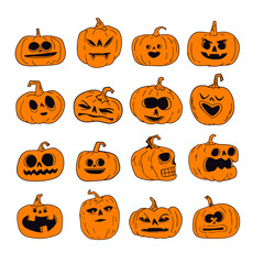 Halloween pumpkins with funny and spooky carved faces, cartoon vector illustration