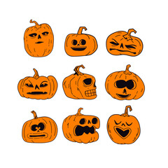 Halloween pumpkins with funny and spooky carved faces, cartoon vector illustration