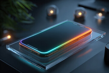 Modern smartphone on acrylic stand with neon bokeh and clean background