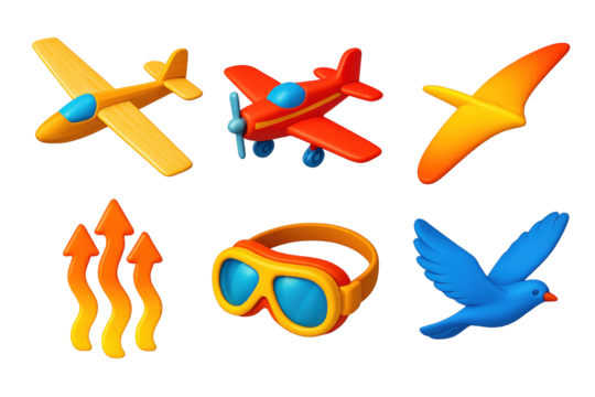 Vintage Glider Icons. 3D icon set of vintage glider: wooden aircraft, tow plane, soaring wing, thermal current, pilot goggles,