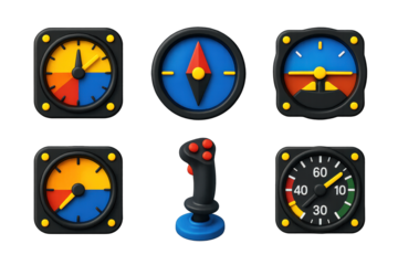Colorful Flight Instruments. 3D icon set of flight instruments: altimeter, compass, horizon indicator, variometer, control stick,