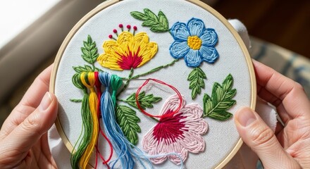 Hand embroidery floral pattern in progress with colorful threads