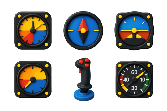 Colorful Flight Instruments. 3D icon set of flight instruments: altimeter, compass, horizon indicator, variometer, control stick,