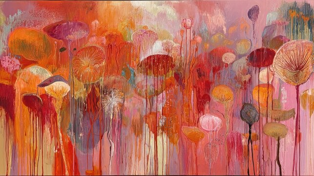 Colorful abstract art featuring vibrant shapes and flowing patterns in warm hues