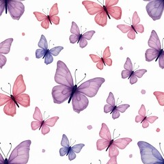 Watercolor butterflies in pastel pink, purple hues float on clean white background. Delicate paint splatters add artistic accents to seamless pattern design. Gentle insects create airy, light