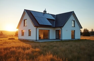 Obraz premium Modern white house with solar panels on roof in field at sunset. Large windows reflect golden light. Peaceful rural residence with energy efficiency concept. Exterior view.