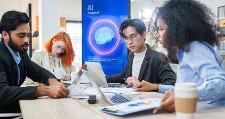 Multiethnic business and creative team collaborating meeting in modern office using AI assistant, big data, and digital tools for innovation and strategy.
