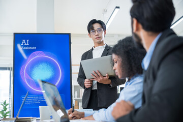 Multiethnic business and creative team collaborating meeting in modern office using AI assistant, big data, and digital tools for innovation and strategy.