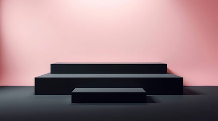 Minimalist black podium on pink background for product presentation, modern showcase with empty space