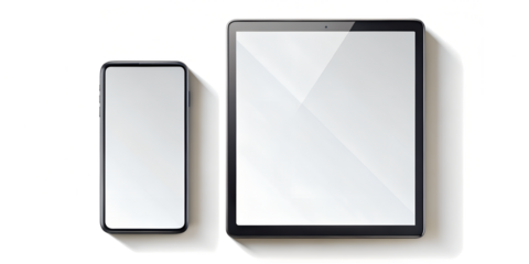 Smartphone and tablet isolated on transparent background, modern devices with blank screens