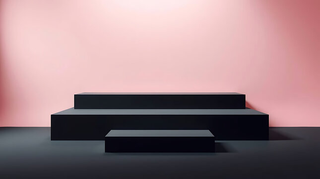 Minimalist black podium on pink background for product presentation, modern showcase with empty space