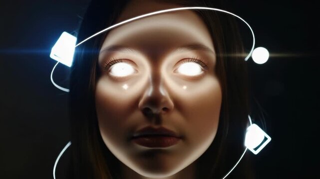 Futuristic face scan with glowing light patterns and eye tracking technology