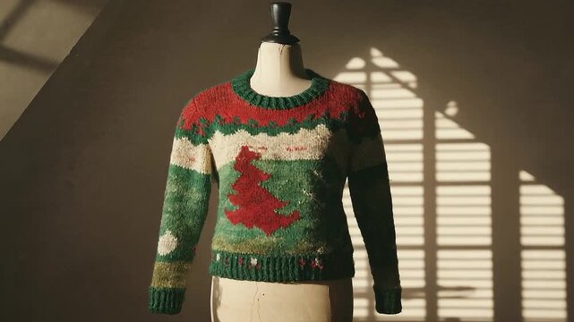 Vibrant knitted sweater showcased on mannequin, highlighting textures and patterns, with soft lighting enhancing the scene, camera zooms in