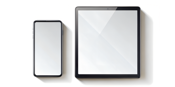 Smartphone and tablet isolated on transparent background, modern devices with blank screens