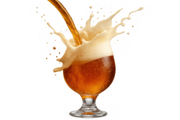 Beer pouring into glass creating large splash with foamy head, refreshing alcoholic beverage on transparent background