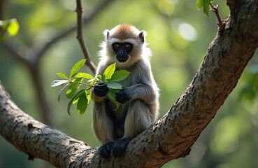 Obraz premium Saki monkey with thick fur sits on tree branch. Monkey holds and examines green leaves. Animal has white and brown fur with black face and hands. Monkey looks straight with orange eyes.