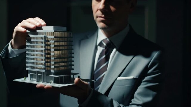 Businessman showcasing architectural miniature model of modern building in professional presentation