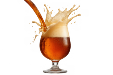 Amber beer pouring into glass creating foamy splash, refreshing beverage on transparent background