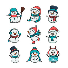 set of cartoon christmas snowmans in doodle style. Funny snowman wearing hat, scarf on white background. Xmas card. 