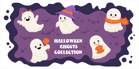 set of cute halloween ghosts on purple background. Collection ghost in flat style. 