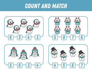 How many snowmans are there. Count the number. Christmas game. Cute cartoon snowman. Math worksheet for kids. Vector illustration