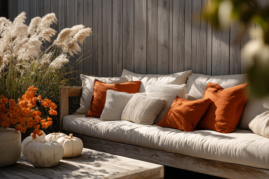 Jesienny, przytulny taras: beżowa sofa z pomarańczowymi i kremowymi poduszkami, dynie, trawa pampasowa i drewniana ściana.