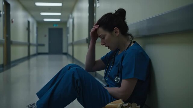 A young female nurse or doctor in blue scrubs sits on the floor in a hospital hallway looking exhausted stressed and overwhelmed from a long difficult shift