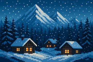 Fototapeta premium 8-Bit Snowy Mountain Village – Pixel Winter Landscape Background
