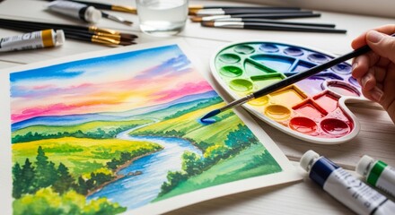 Watercolor painting in progress with colorful paint palette and brush
