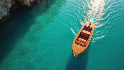 Obraz premium Aerial view of a wooden boat floating in calm turquoise sea water near rocky coast. Boat has two seats and outboard motor. Water is clear and sunny.