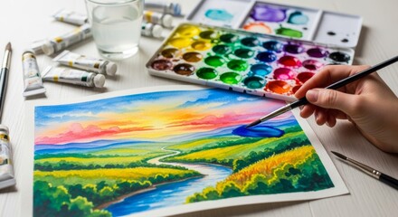 Watercolor painting in progress with colorful paint palette and brush