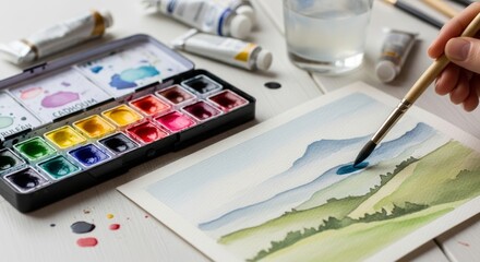 Watercolor painting in progress with colorful paint palette and brush