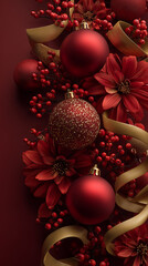 Intensywna kompozycja świąteczna: czerwone bombki, kwiaty i jagody, przeplatane złotymi wstążkami, na jednolitym, bordowym tle. Dekoracja, Boże Narodzenie.