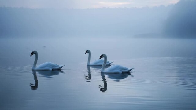 Misty morning serenity: graceful swans gliding across a tranquil lake