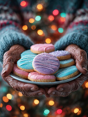 Starsze dłonie w wełnianych rękawiczkach trzymają talerzyk z kolorowymi ciasteczkami oblanych pastelowym lukrem (różowy, fioletowy, turkusowy) na tle światełek choinkowych.