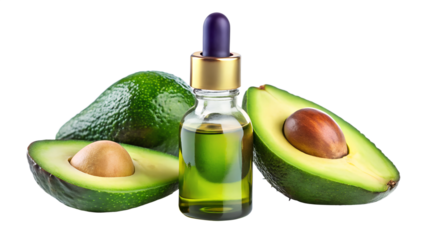 Avocado oil in a glass bottle with fresh avocados isolated on transparent background, healthy
